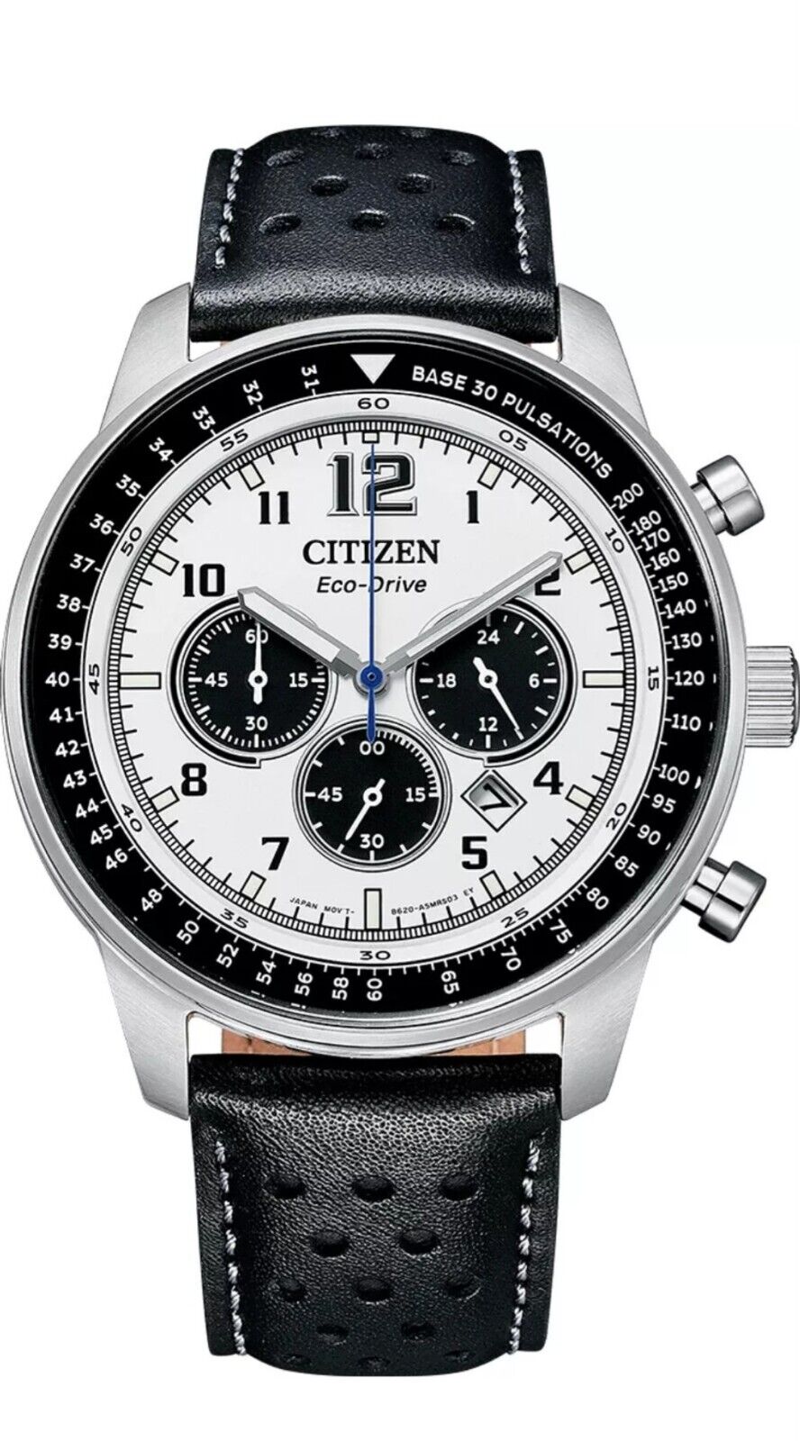 Men's Citizen Panda Dial Chronograph Eco-Drive Stainless Steel & Leather Strap