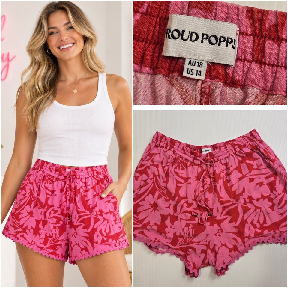 Proud Poppy Size 18 Linen Blend Shorts Pink Summer Floral Print 
