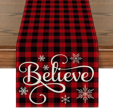 Red and Black Buffalo Plaid Believe Table Runner, Seasonal Winter Christmas Holi