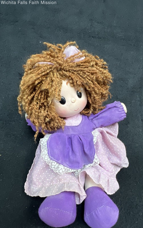 Vintage Faratak Inc Rag Doll Cloth Soft Body Curly Brown Hair Purple Polka Dot