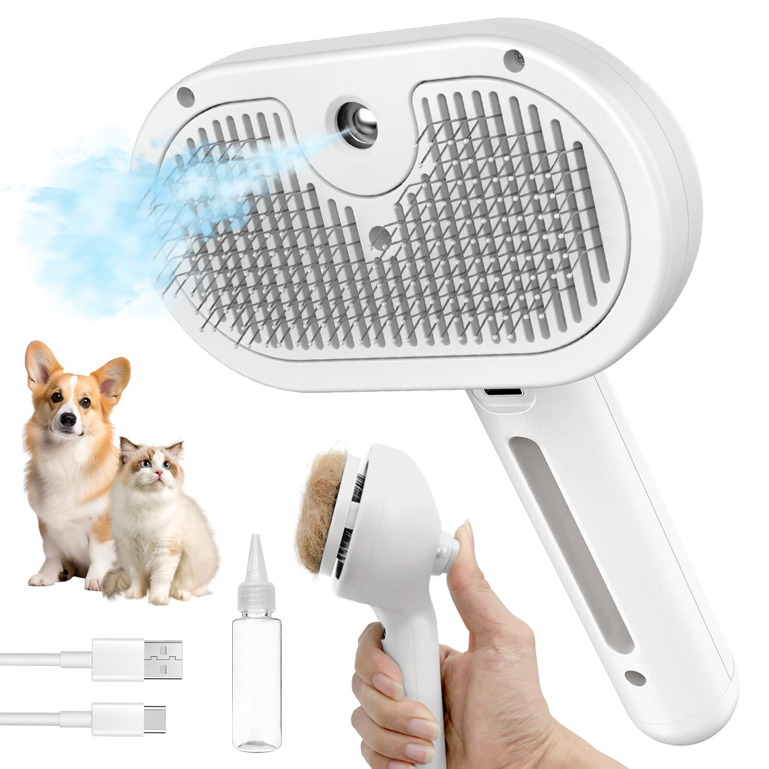 3-in-1 Self-Cleaning Steamy Pet Brush – Anti-Static Grooming Tool for Long & Short Hair