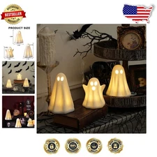Cute Ceramic Ghost Statues 3pk Halloween Table Decor Touch Activated Lights