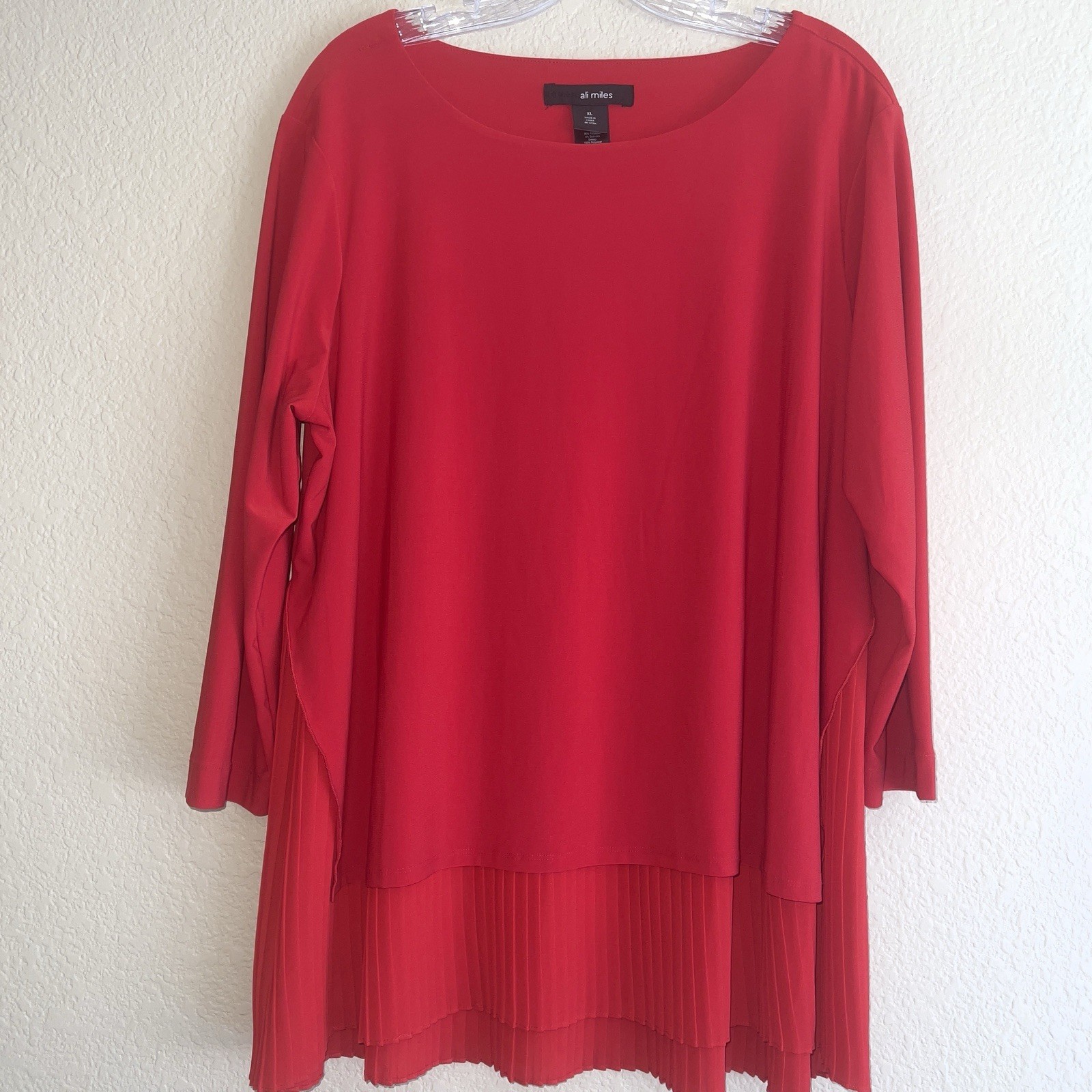 Ali Miles Red Layered Pleated Hemline 3/4 Sleeve Boxy Top Sz XL