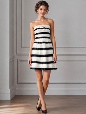 BCBG MAXAZRIA Women Strapless Tiered Satin Black White Dress Size 0 Zero Formal