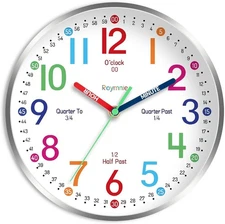 Wall Clock for Kids Learning to Tell Time Easily Non Ticking 12 Inch, Silver 