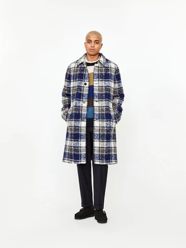 FW20 MARNI Men's Sz US 38 M Blue Cream Plaid Boucle Virgin Wool Blend Overcoat - product listing photo