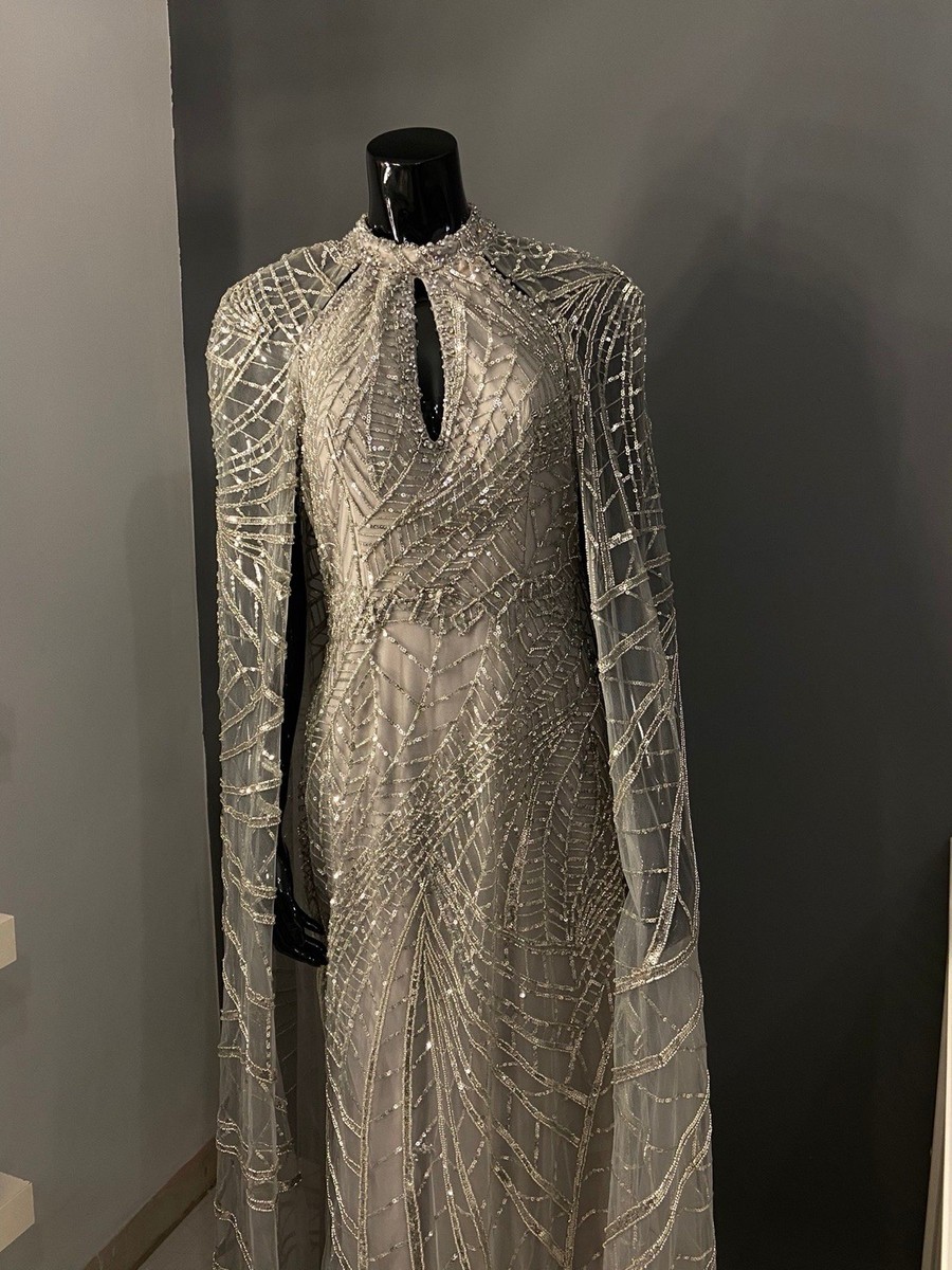 fitted lace wedding dress Long Sleeve High Slit Black Mesh Silver Rhinestone Dress main image 0