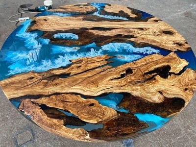 Blue Ocean Wave Runder Epoxidharz Couchtisch Handgefertigte Holz Kaffee/Essen