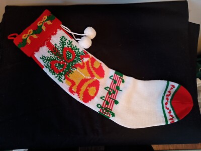 Vintage Christmas Knit Holiday Stocking: White Red Green Bells and Music Design