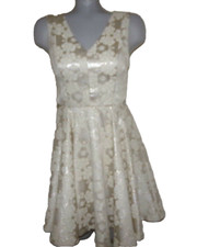BLUE RAIN, Ivory/Champagne/Gold Fit & Flare Holiday Dress, Sz Small, Poly/Cotton
