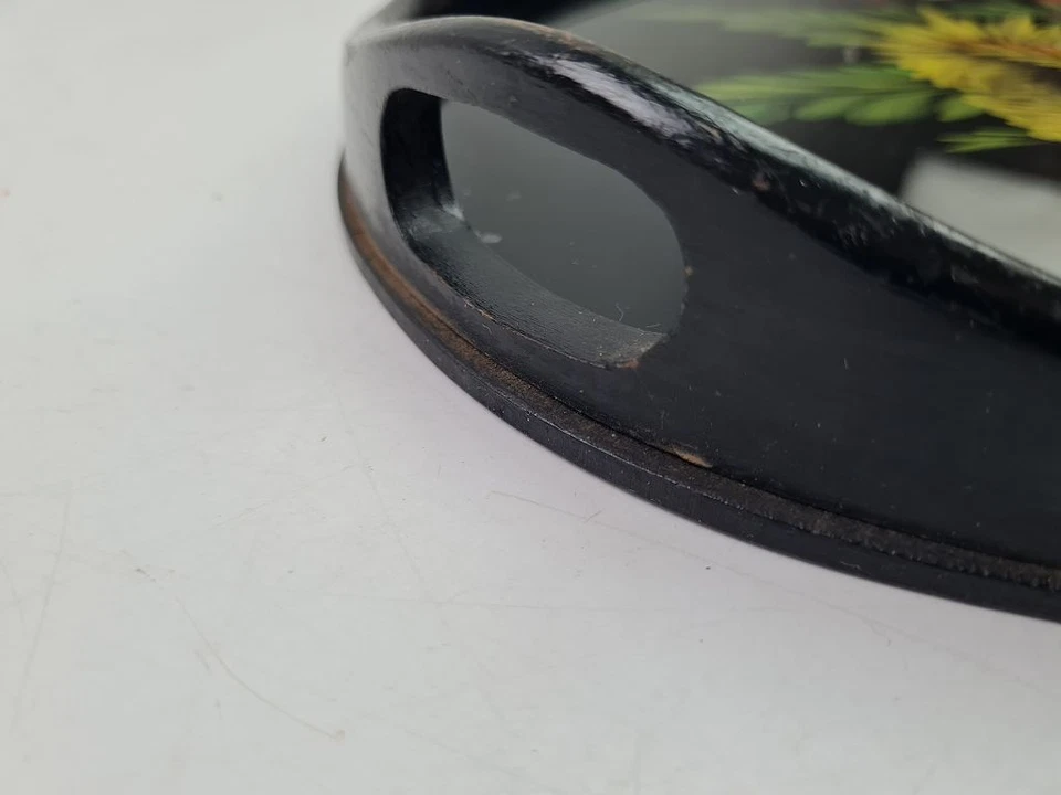 Tablett oval schwarz handbemalt Glas Klavierlack Blumen Griffe Vintage #2410445 - Bild 4 von 4