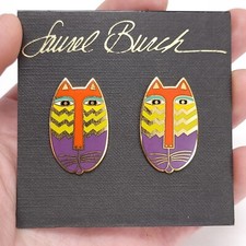 Laurel Burch Native Cats Post Earrings Gold Tone Rhodium Plated Cloisonné 90s