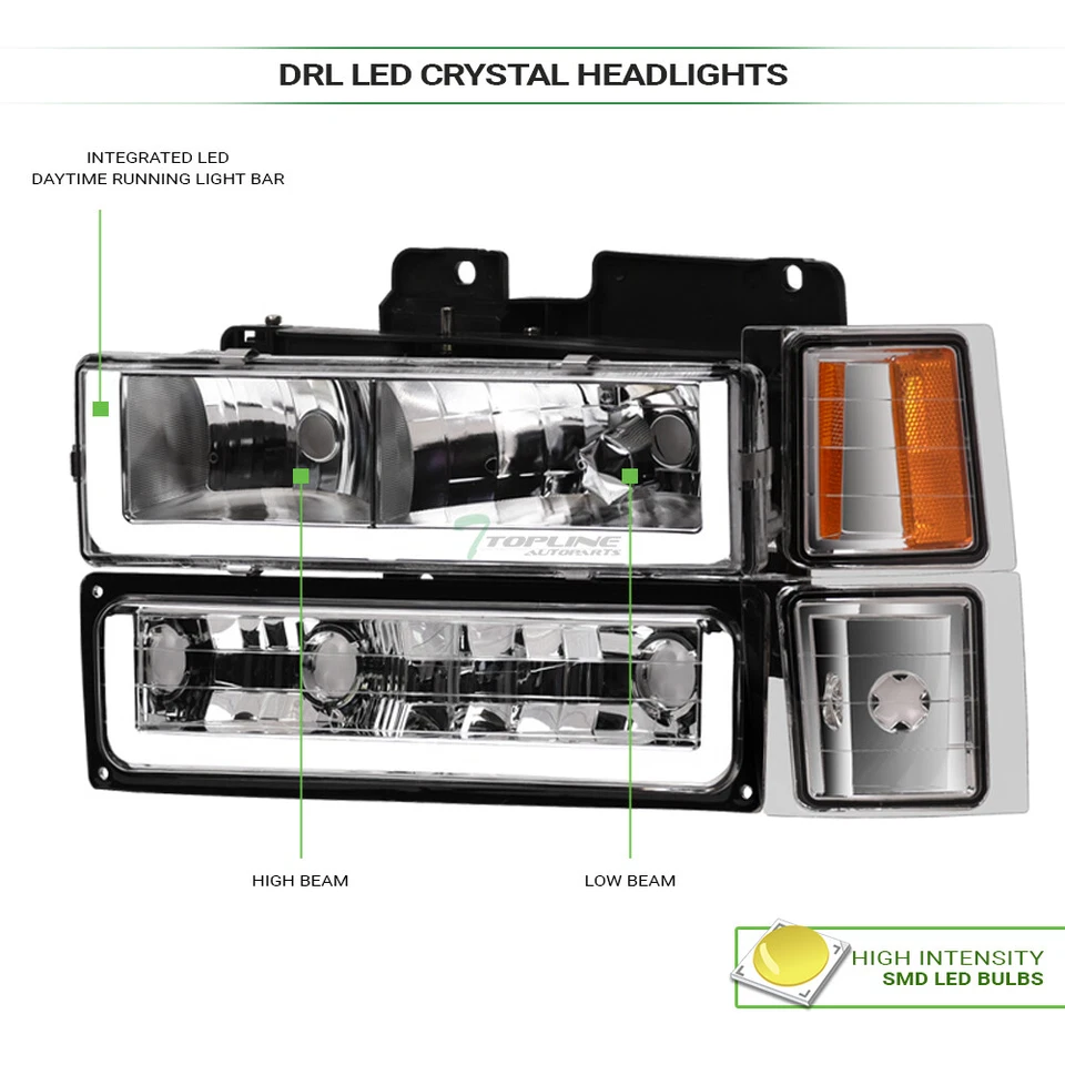 Topline For 1994-2000 Chevy C10 C/K LED Strip Headlights+Corner+Bumper Am Chrome Foto 3 de 4