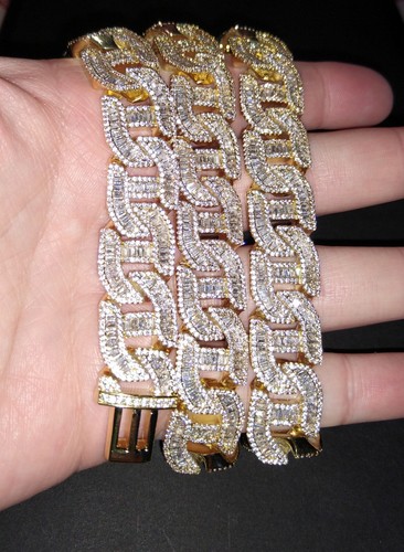 Men's Gold 5A CZ Baguette Diamond Fully Iced Bust Down Cuban Chain 24 Inch 17mm - Picture 5 of 24