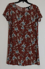 FOREVER 21 Rust Brown/Blue Floral Short Sleeve Flared Mini Dress; Size S