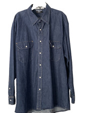 Men  s Dark Wash Blue Denim Pearl Snap Brown Stitch Long Sleeve Western Shirt XL