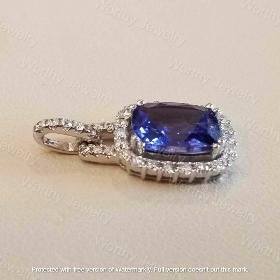 Colgante de diamantes de tanzanita azul corte cojín de 5 quilates con acabado de oro blanco de 14 quilates cadena gratis Foto 4 de 4