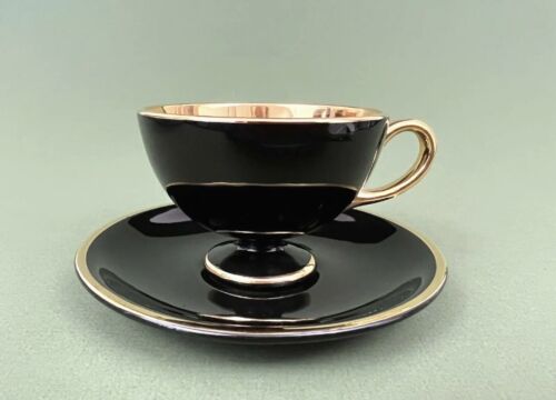 2 Pc 1930 Egersund Norway Norsk Flint Heavy Gold Gilt Black Porcelain Cup Saucer - Afbeelding 1 van 24