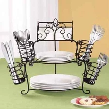 7-Piece Black Metal Scroll Holiday Buffet Organizer w/Napkin & Utensil Holders