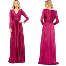 Ieena Mac Duggal Magenta Pleated Long Sleeve Satin A-Line Gown Size 16 $458