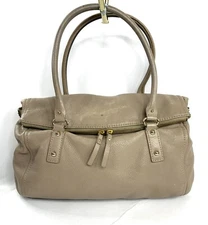 Kate Spade Taupe Pebbled Leather Large Zip Front Fold Over Flap Shoulder Bag