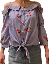 Main Strip Women Floral embroidered off-the-shoulder self-tie top Striped Size S