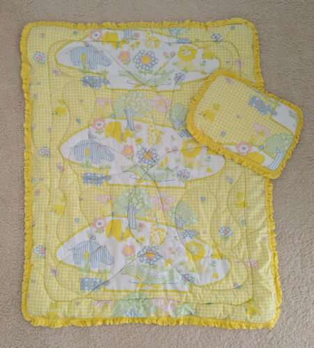 Vintage Baby Crib Comforter Quilt w/ Pillow Yellow Hippo Giraffe Lion Camel