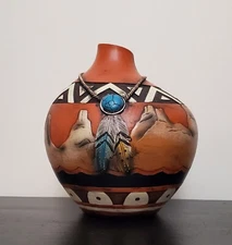 Hand Painted Rustic Floral Vase Countertop Aztec Maya Feathers Home Decoration