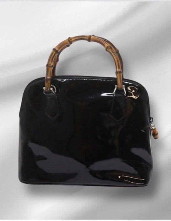 Vintage Gucci Black Patent Leather Handbag. Bamboo Handles Vintage Gucci Black Patent Leather Handbag. Bamboo Handles