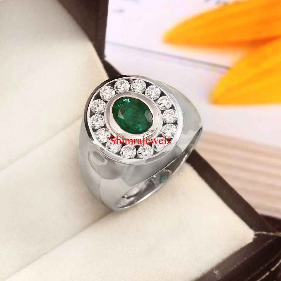 Labor Erstellt Smaragd Edelstein Mit 18K Weiß Vergoldet Silberring Für Men #1103 - Bild 2 von 4