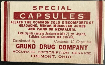 1930s Special Capsules Box from the Grund Drug Company in Fremont, Ohio ''Unused''
