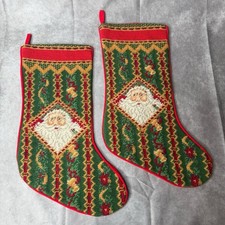 Set of Two Vintage Needlepoint Christmas Stockings Santa Matching 16" Victorian