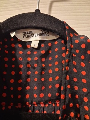 Diane Von Furstenberg DVF Polka Dot Dress 4/S Midi Ruched Black Red NWOT