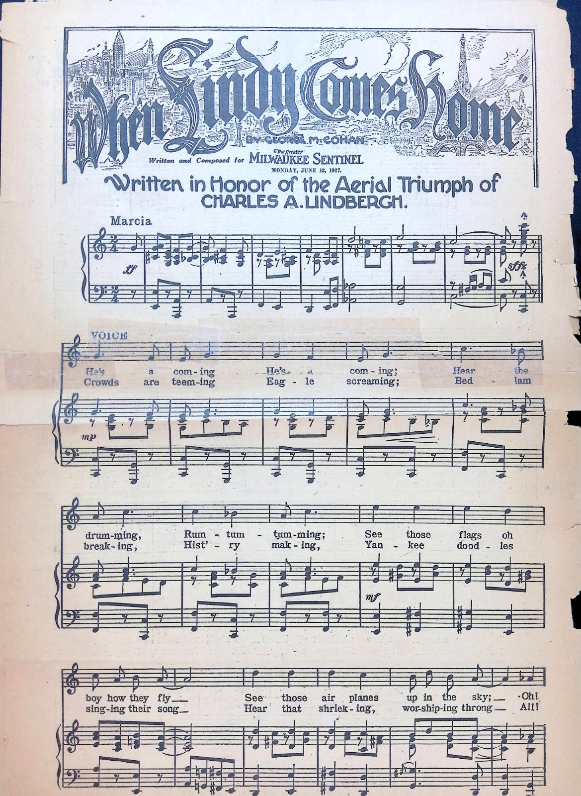 When Lindy Comes Home Sheet Music The Milwaukee Sentinel 1927 George Cohan