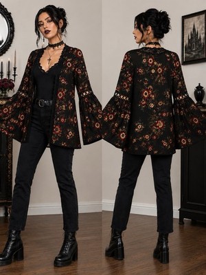Whimsigoth Black Floral Kimono Womens Small Crochet  Romantic Victorian  Witchy