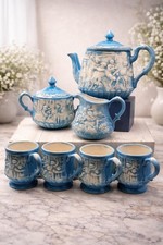 Vintage Blue White Tea Set Embossed Ceramic Teapot Set Cottage Decor 7pc