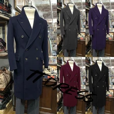 Vintage Men Wool Overcoat Wide Peak Lapel Double Breasted Cashmere Men Coat