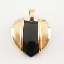 Estate Black Onyx 14K Yellow Gold Carved Heart Pendant Diamond Accents 10.7g 1"