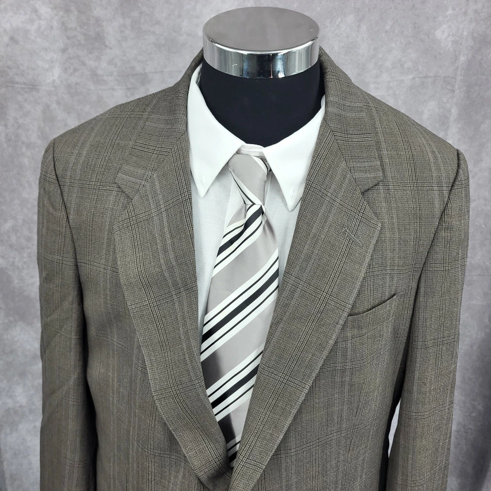 Austin Reed Blazer Mens 44 R Gray Plaid Pure Virgin Wool Sports Coat USA Vtg 2 B - Image 4 of 4