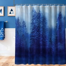Misty Blue Pine Tree Forest Country Fabric Shower Curtain Set 70x78 Inch