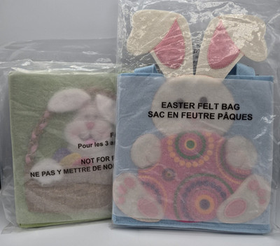 (2) Avon Easter Felt Bunny Rabbit Gift Bag 2009 Blue Green Basket Eggs Hunt NOS
