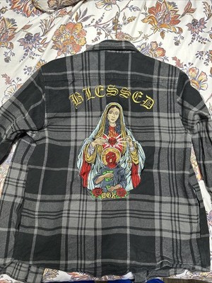 DGK Blessed Shacket Black & Grey Button Down Mens Size Small Striped Embroidery