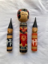 Japanese Kokeshi Wooden Doll 3 Piece Traditional Set Handmade Collectible 13+