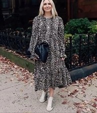 Sandy Liang Dress Women XXS Black White Cotton Leopard Print Ruffle Midi NWT
