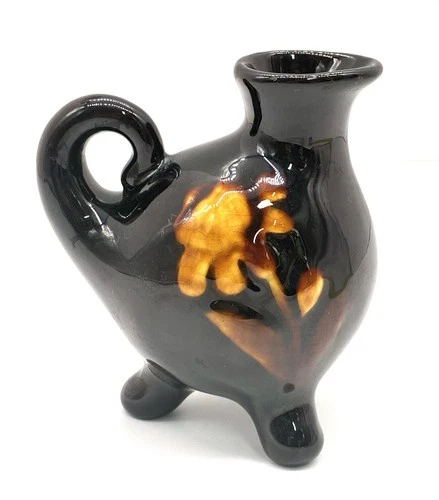 RARE Mid-Century McCoy Olympia Art Pottery Pitcher Embossed Amber Iris Footed