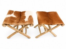Lot of 2 Folding Wood Stools Cowhide Brown/White with Wooden Legs