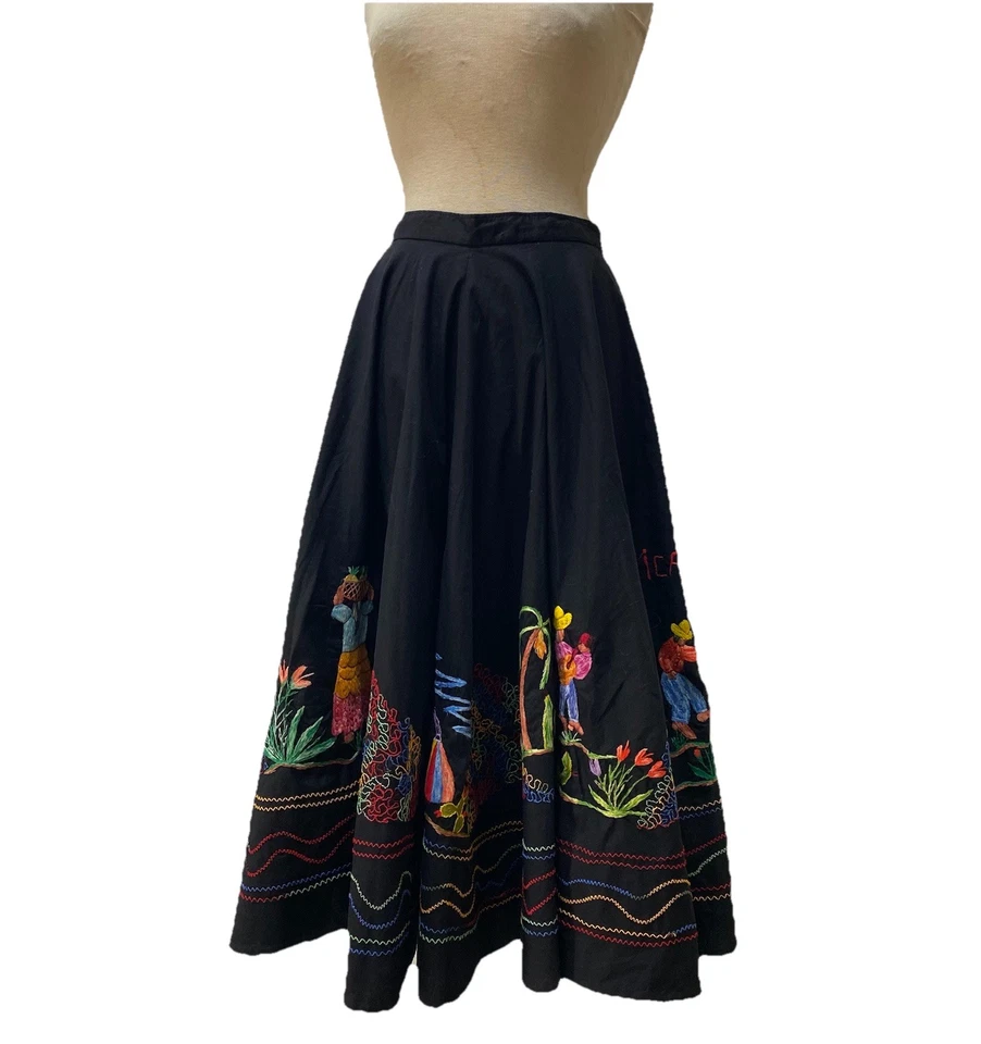 Винтажная никарагуанская вышитая новинка народное искусство полный круг юбка металлическая молния S - Изображение 3 из 4