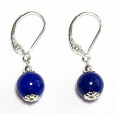 8mm Natura Blue Lapis Lazuli Round Gemstone Beads Dangle Lever Back Earrings