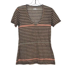 Urban Outfitters BDG Striped V-Neck T-Shirt Small S Womens Tan Black Orange