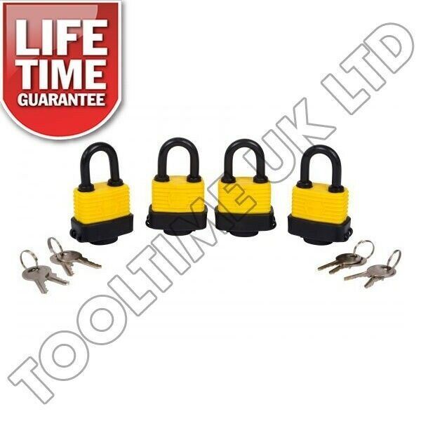 4 X KEYED ALIKE 40MM WATER RESISTANT STEEL PLASTIC COVERED HEAVY DUTY PADLOCKS